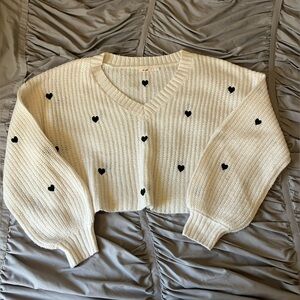 Francesca’s White Sweater with Black Heart Embroidery